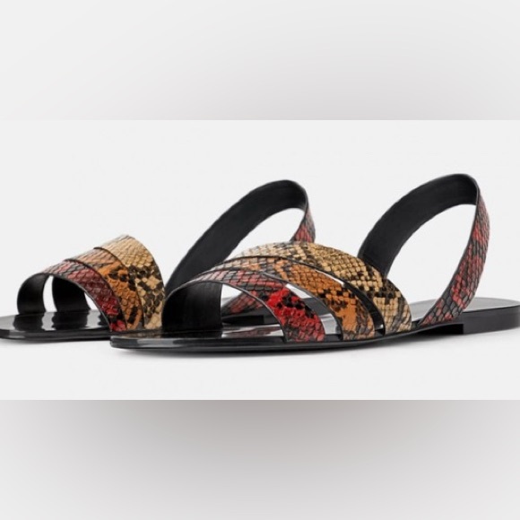 Zara Trafaluc Three Strap Flat Sandals in Python Snake Size 10 NWT - Picture 2 of 10